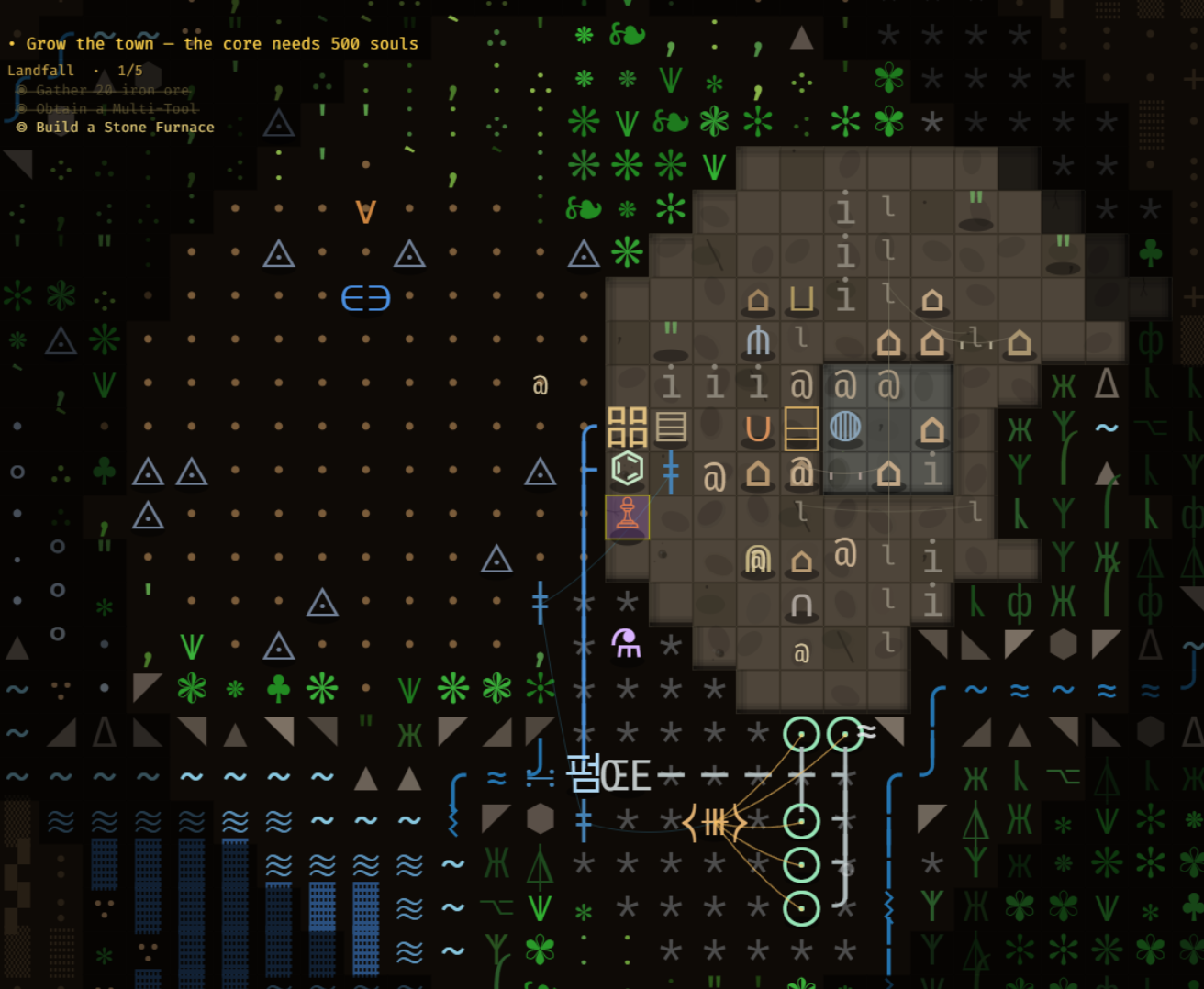 Textorio colony, a settlement of colonists and housing with live objectives tracking progress toward the core