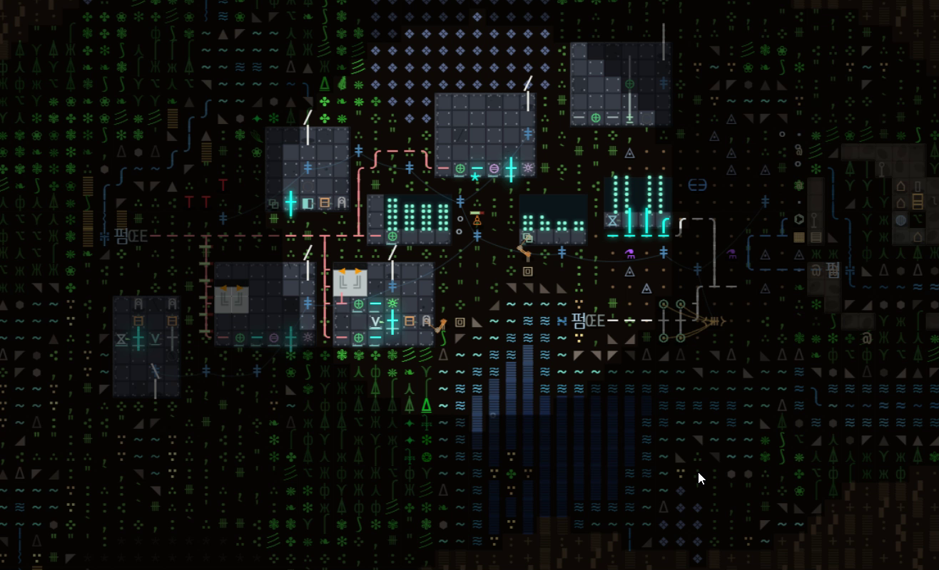 Textorio at night, a wide ASCII factory of belts, furnaces and assemblers glowing beside a river on Kepler-442b