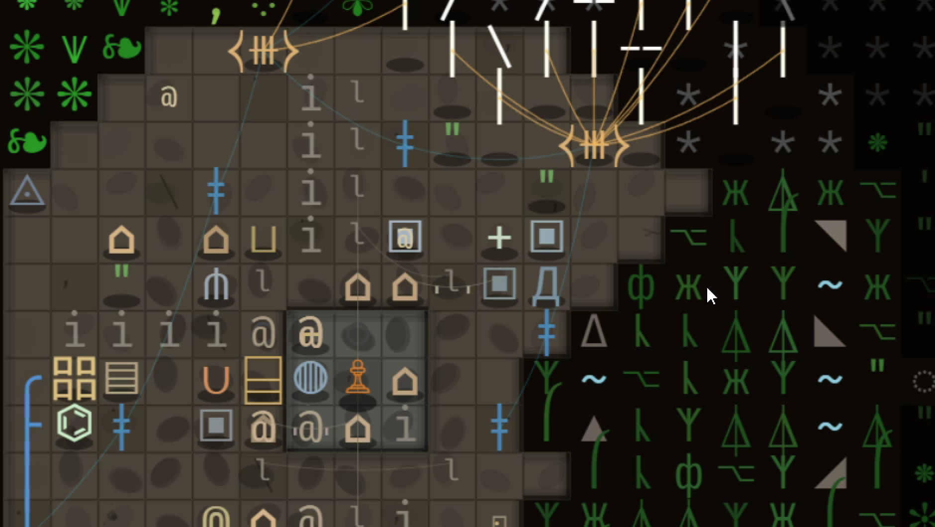 Textorio shared planet mode, one of 1024 regions on a world every player shares, rendered in text characters
